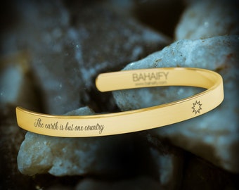 Baha'i Cuff Bracelet: 18K Gold Plated, Engraved Quote, Made in USA