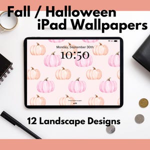 Può includere: Un tablet digitale che mostra uno sfondo con un motivo di zucche rosa e pesca con il testo "Lunedì 30 settembre 10:50". Il testo "12 Disegni di Paesaggio" è sotto il tablet.