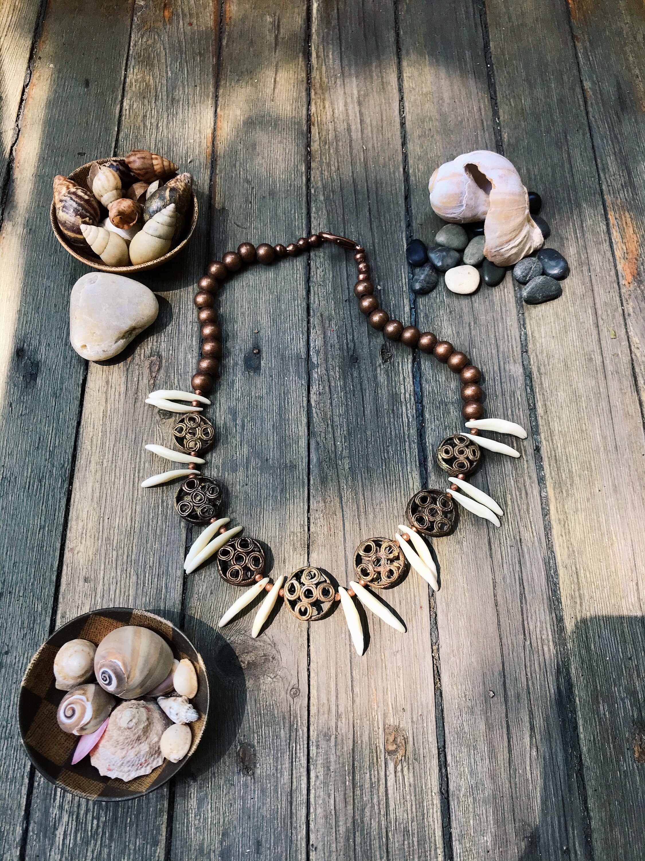 African Brass and Bone Statement Necklace OneofaKind Etsy