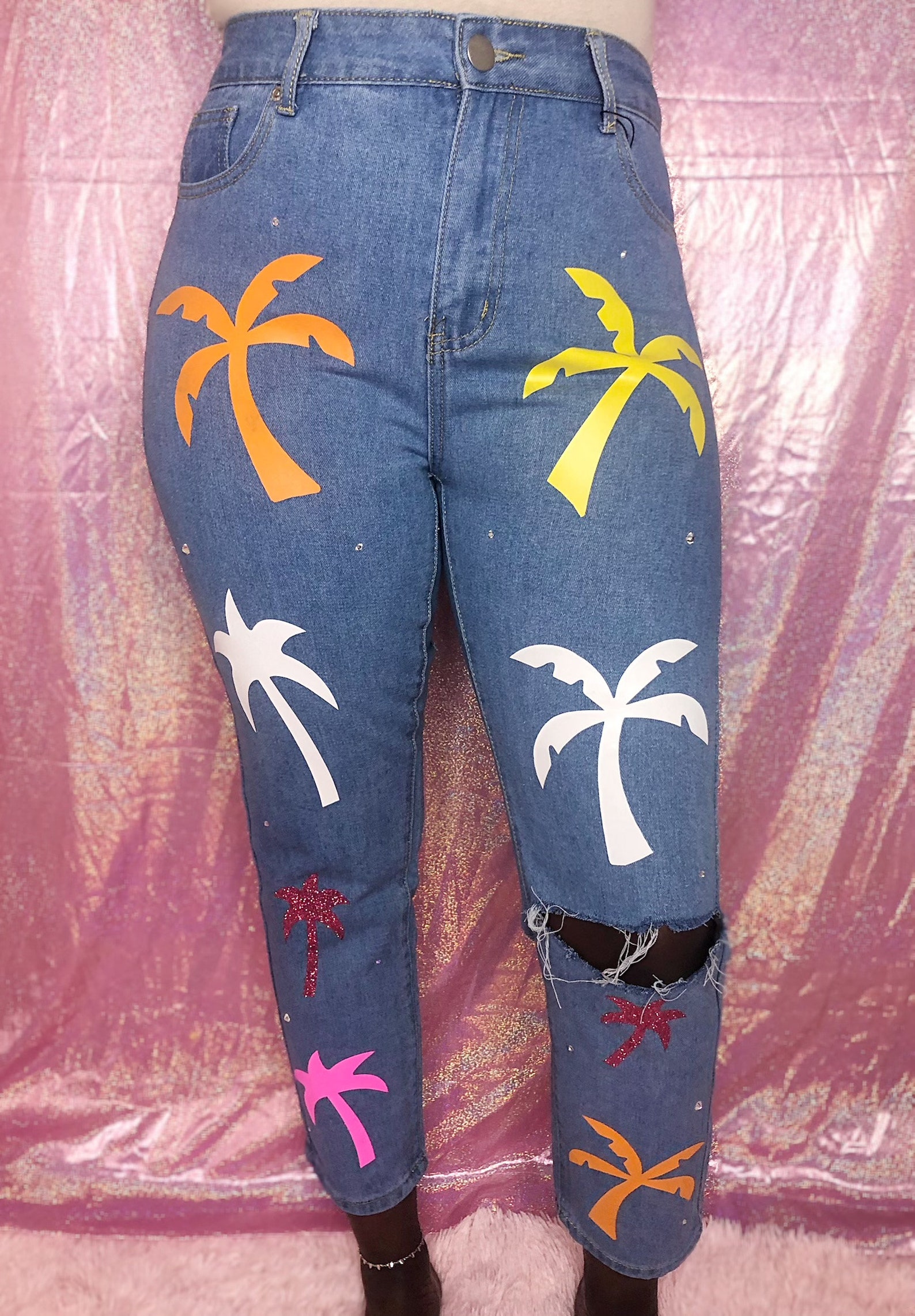 Palm Tree Diamond Studded Jeans Etsy