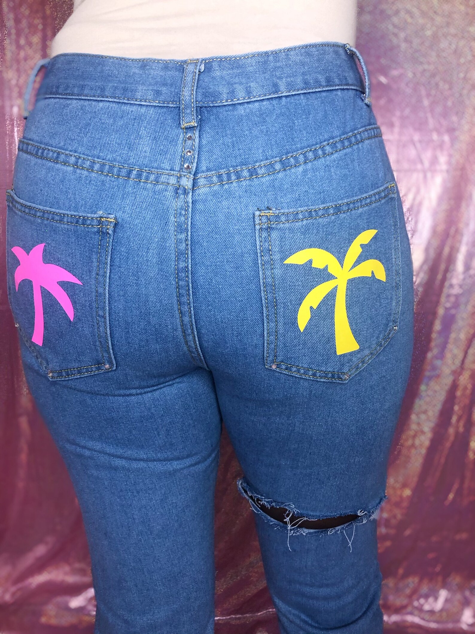Palm Tree Diamond Studded Jeans Etsy
