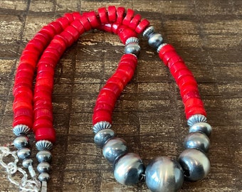 N0752 - Red Coral Necklace, Sterling Navajo Pearls, Sterling Chain and Clasp