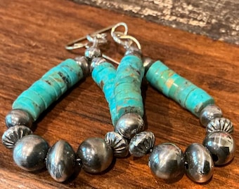 E000A - Earrings, Kingman Turquoise and Sterling Navajo Pearls and Saucers