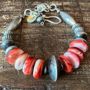 B483 - Spiny Oyster Bracelet, Sterling Navajo Pearls and Saucers, Swarovski Crystal Charm