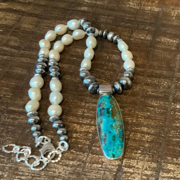 P114 - Chrysocolla Pendant, Sterling Navajo Pearls, Pearls, Sterling Chain and Clasp