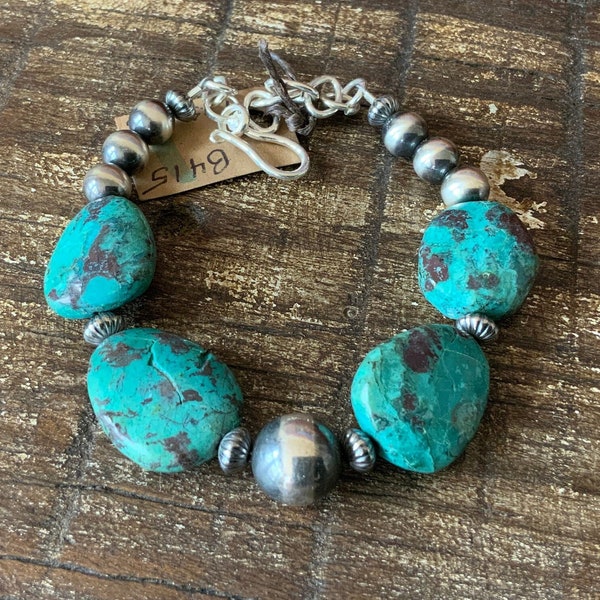 B415 - Chrysocolla,  Sterling Navajo Pearls, Sterling Chain and Clasp