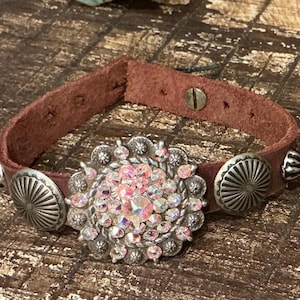 LC013 - Crystal Concho Nickel Silver  (Not Sterling), Brown Cut Leather, Nickel Silver Conchos