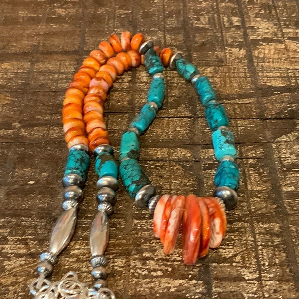 N0700 - Orange Spiny Oyster, Turquoise Tubes, Sterling Navajo Pearls, Saucers and Melons, Sterling Chain and Clasp