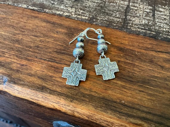 E008A - Earrings, Sterling Cross Charms, Sterling Ear Wires, Sterling Etched Navajo Pearls