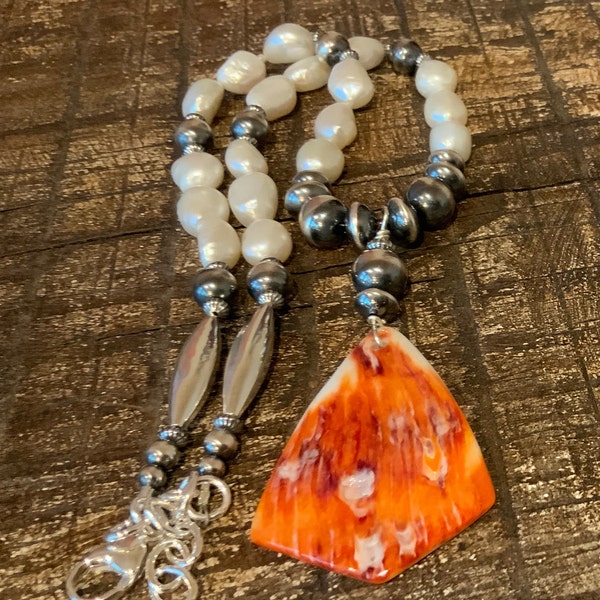 P103 - Beautiful Orange Spiny Oyster Pendant, Pearls, Sterling Navajo Pearls, Saucers and Melons, Sterling Chain and Clasp