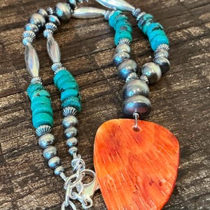 P120 - Beautiful Rich Orange Spiny Oyster Pendant, Greenish Turquoise Heishi Cut, Sterling Navajo Pearls, Saucers and Melons