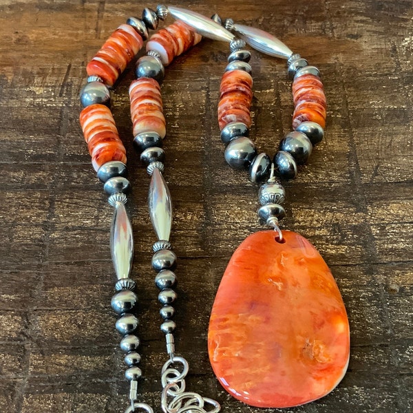 P106 - Orange Spiny Oyster Pendant, Orange Spiny Oyster Rondelles, Sterling Navajo Pearls, Saucers and Melons, Sterling Chain and Clasp