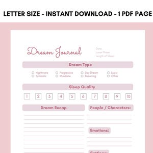 Pink Dream Journal Printable: Sleep Diary Tracker (Instant Download)