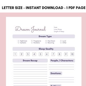 Purple Dream Journal Printable: Sleep Diary & Dream Recording Log (Instant Download