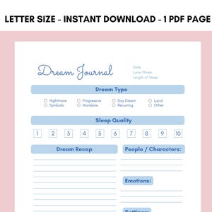 Dream Journal Printable: Sleep Diary Tracker, Dream Recording Book (Instant Download - Blue