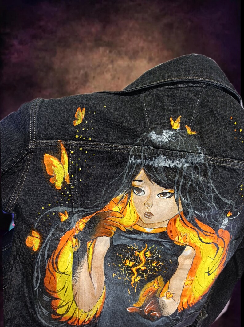 butterflies on the jacket personalized polaroque for anime lover cute girl fire cool black youth denim jacket pattern on the back