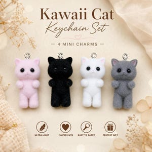 May include: A set of four mini cat keyrings in pink, black, white, and grey. Each plush cat has a silver loop for attaching to keys. The text "Kawaii Cat Keychain Set" is at the top of the image.