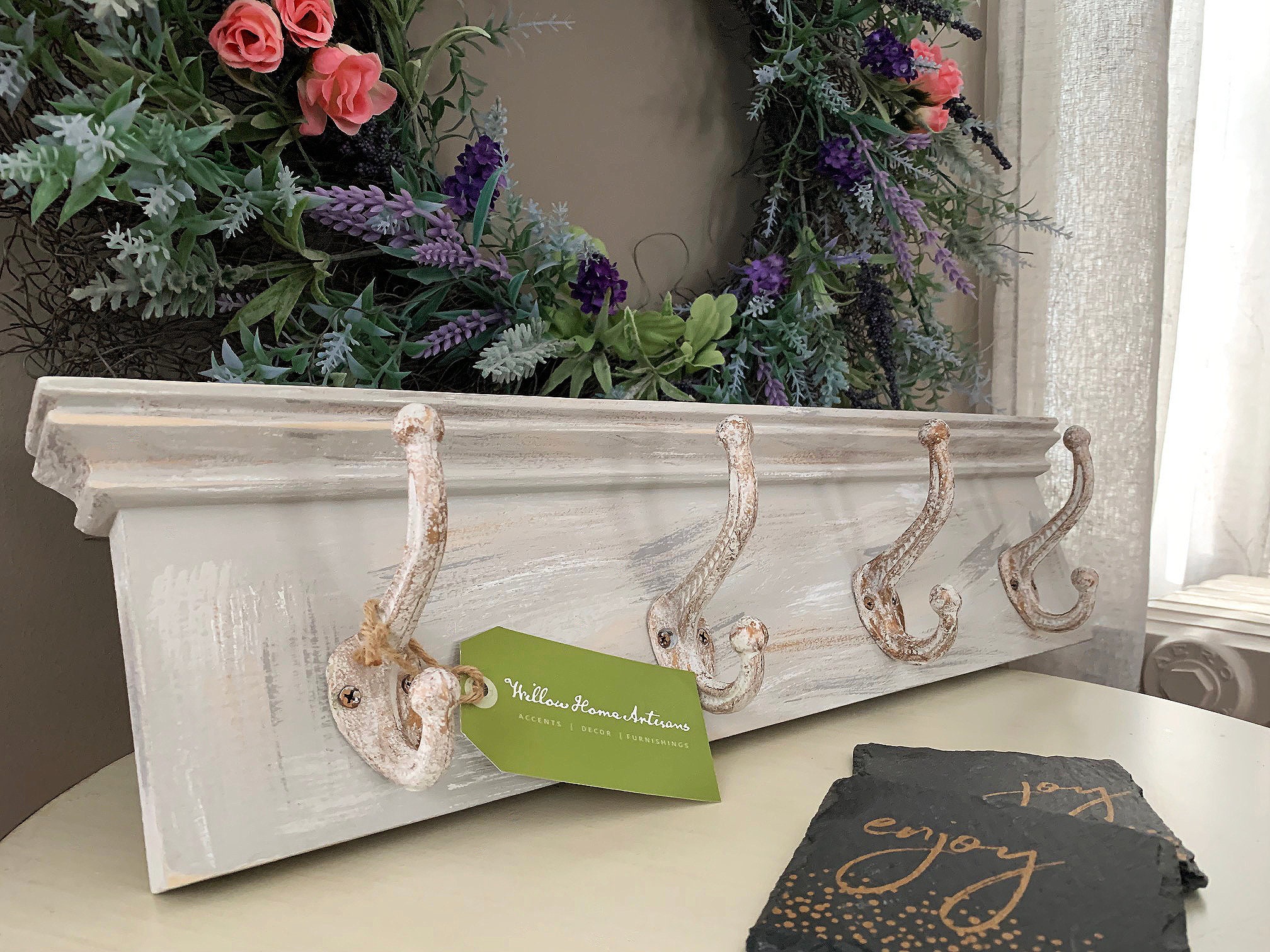 French Antique Farmhouse Coat Rack / Distressed Antique Hooks / Wall Mounted Coat Rack / French