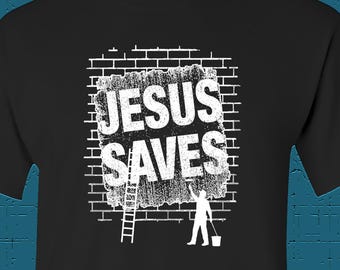 Jesus Saves – Christian Faith T-Shirt with Street Art Mural Design – Inspirational Religious Graphic Tee