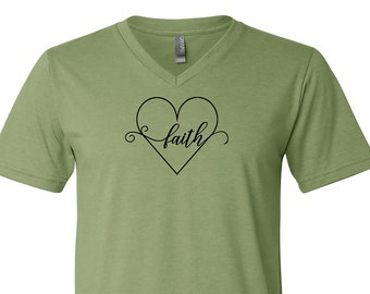 Faith Simple Distressed Heart Inspirational Christian V-Neck T-Shirt