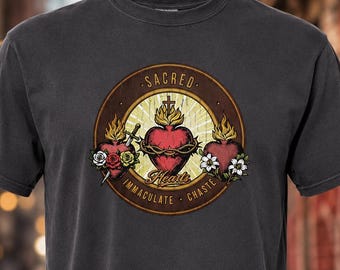 Sacred Hearts – Vintage Catholic Comfort Colors® T-Shirt_Sacred Heart, Immaculate Heart & Most Chaste Heart of St. Joseph