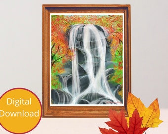 Digital Art Download "Autumn Waterfall" Landscape Illustration Wall Art .