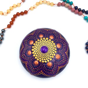 Hand painted Purple and Gold Boho Mandala Stone
