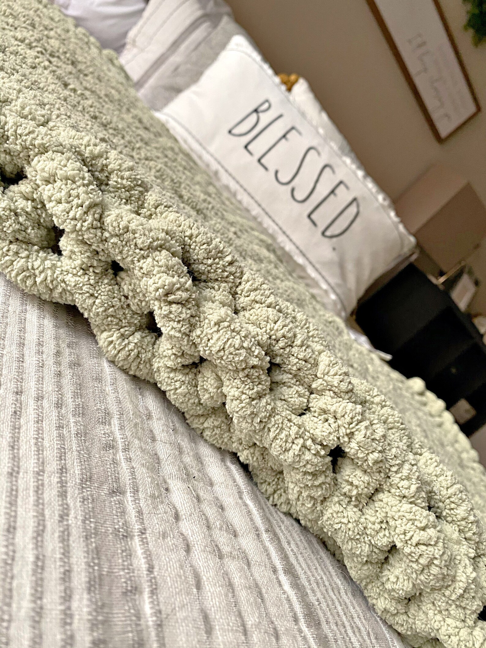 Chunky Knit Blanket Sage Green Etsy