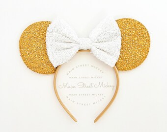 Orejas de Minnie Mouse, Orejas Disney para adultos y niños, Orejas de fiesta, Orejas doradas de Minnie, Oreja de Disneyland, Color de lazo a elegir, Cumpleaños de Mickey