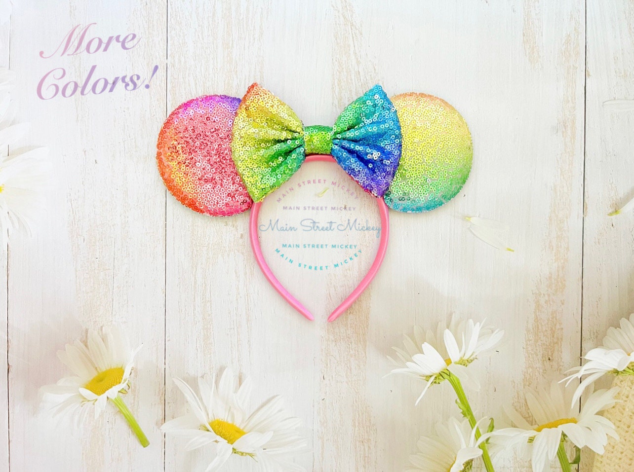 Rainbow Pride Inspired Minnie Ears Headband with Bows & Sequins Minnie Mouse Pride Love Headband Rainbow Sequin SHDR 2022  main image 2
