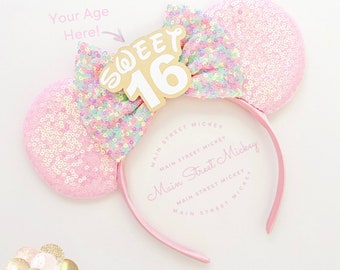 Minnie Mouse Sweet 16 Ear, Birthday Ears For Adults and Kids, Mouse Party Ears, Any Age Minnie Ears, Disneyland Ear, Mickey Birthday Ear