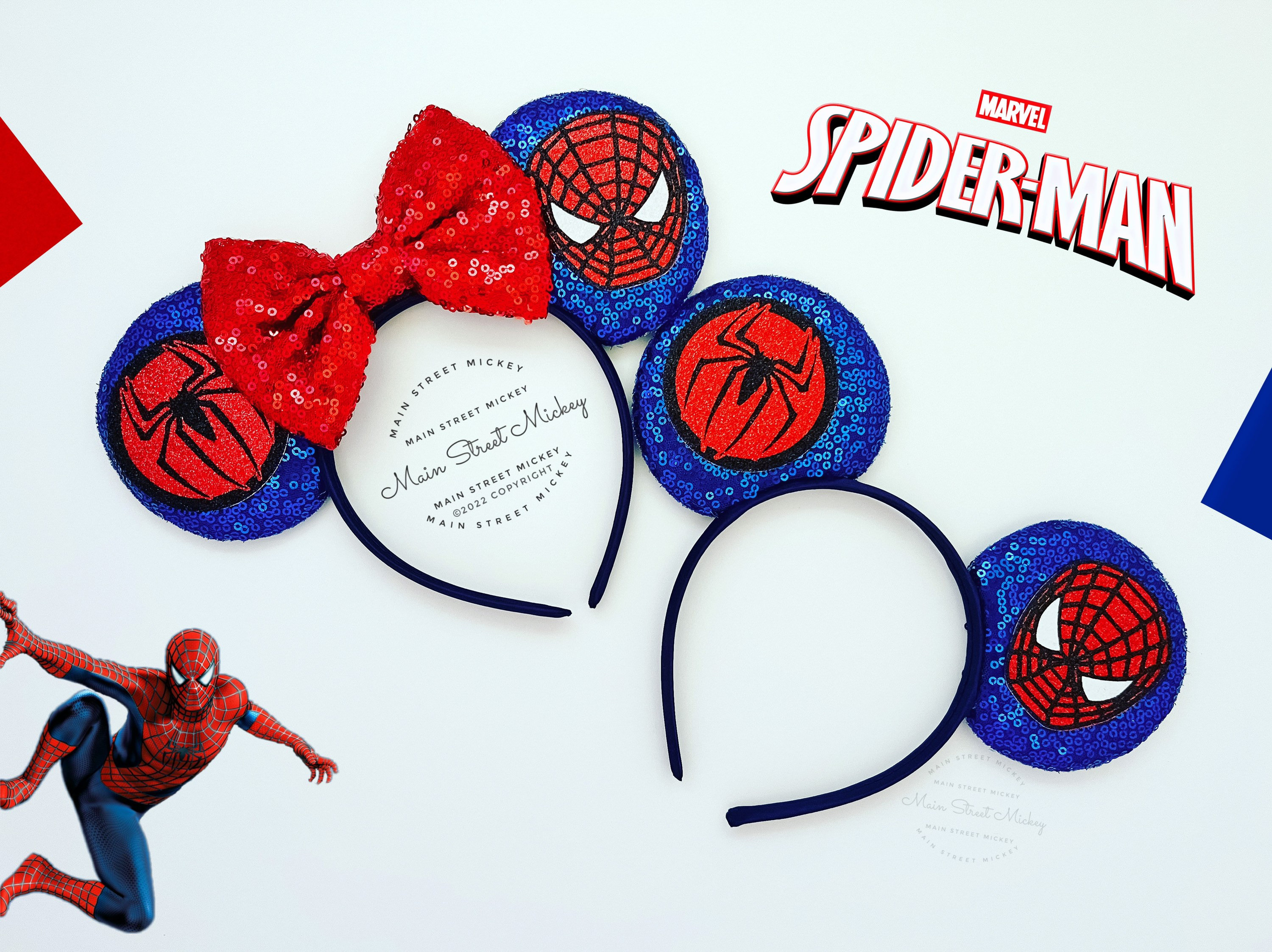 Red and Blue Sequin Spider-Man Minnie ears Spiderman Mickey Ears, Blue Minnie Mouse Ears With Red Bow  main image 3
