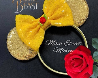 Princess Belle Minnie Mouse Ears, Beauty and the Beast Ears, Belle Mickey Ears, Belle Disney Mouse Ears Headband, Disneyland Ear, Minnie Ear