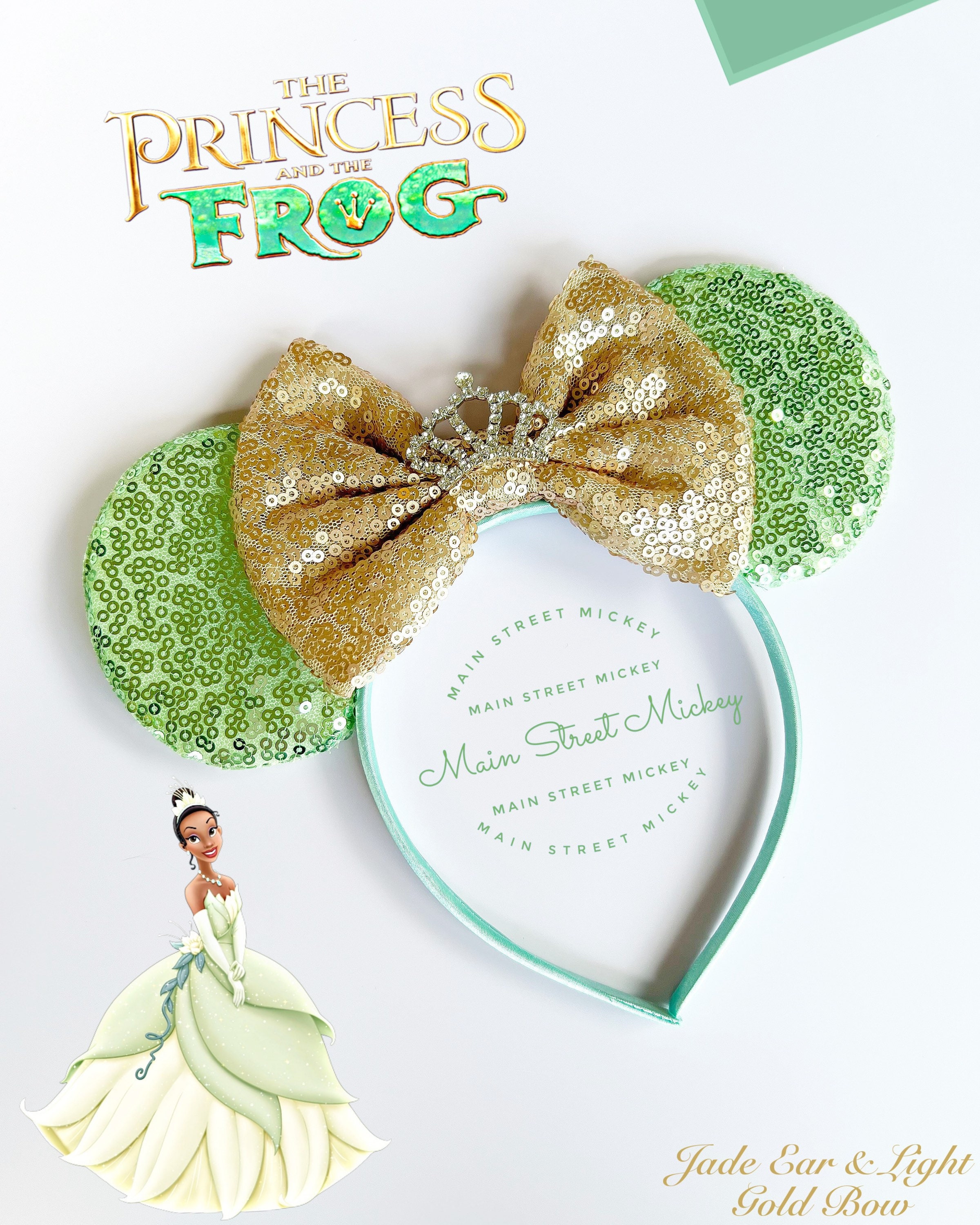 Princess Tiana Disney Mint Green Polka Dot Pearl Satin Bow Princess Ear Headband Tiana Inspired Minnie Mouse Ears, Green Floral Satin Bow  main image 3