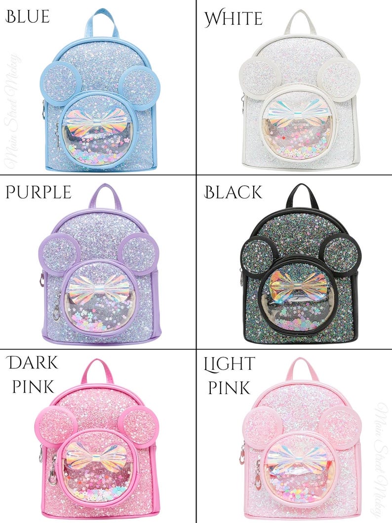 May include: Six glitter backpacks with clear plastic windows and a bow. The backpacks are in the colours blue, white, purple, black, dark pink, and light pink.