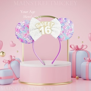 Minnie Mouse Sweet 16 Ear, Birthday Ears For Adults and Kids, Mouse Party Ears, Any Age Minnie Ears, Disneyland Ear, Mickey Birthday Ear