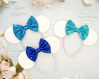 Minnie Mouse Ears All Ages, Disney Ears for Adults and Kids, Choose Ear and Bow Color, Minnie Ears, Blue Bow, White Ear Color, Birthday