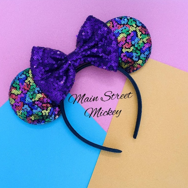 Minnie Mouse Ears, Disney Ears For Adults and Kids, Rainbow Minnie Mouse Ears, Minnie Ear, Disneyland Ear, Choose Bow Color, Mickey Headband