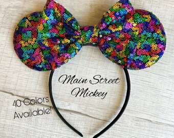 Uszy Myszki Minnie dla dorosłych i dzieci, Uszy urodzinowe Disneya, Uszy Disneyland, Uszy Minnie z cekinami, Wybierz kolor kokardy, Uszy Minnie, Uszy Myszki Miki