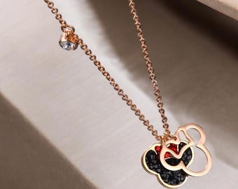 Collar de oro rosa de Mickey Mouse, colgante de Mickey Mouse, dije de Mickey Mouse, joyas de Disney, collar de Mickey con cristales de Swarovski, joyas de Mickey