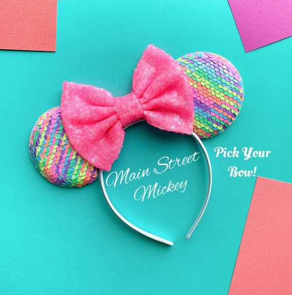 Disney Park Minnie Mouse Ears Headband Sparkle Rainbow Veil Teal Pink Purple