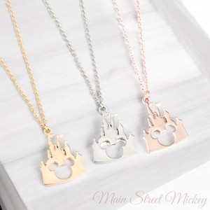 Minnie Mouse Rose Gold Necklace, Mickey Mouse Pendant, Minnie Mouse Charm, Castle Jewelry, Mickey Castle Necklace, Mickey Jewelry