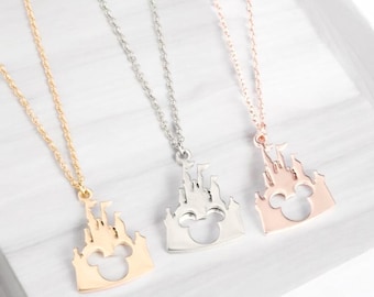Naszyjnik z różowego złota z Myszką Minnie, wisiorek z Myszką Miki, zawieszka z Myszką Minnie, biżuteria z zamkiem, naszyjnik z zamkiem Myszki Miki, biżuteria z Myszką Miki