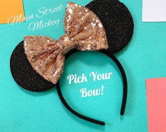 Minnie Mouse Ears, Disney Ears For Adults and Kids, Rose Gold Minnie Mouse Ears, Minnie Ears, Disneyland Ear, Choose Bow Color, Mickey Ear