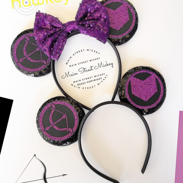 Minnie Mouse Hawkeye Orejas, Marvel Mickey Ear, Disney Marvel Ear, Disneyland Ear, Personaje Vengadores Marvel Minnie Orejas, Orejas de Ratón, Hawkeye