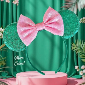 Minnie Mouse Ears All Ages, Disney Ears for Adults and Kids, Choose Ear and Bow Color, Green Minnie Ears, Baby Pink Bow, Mickey Ears