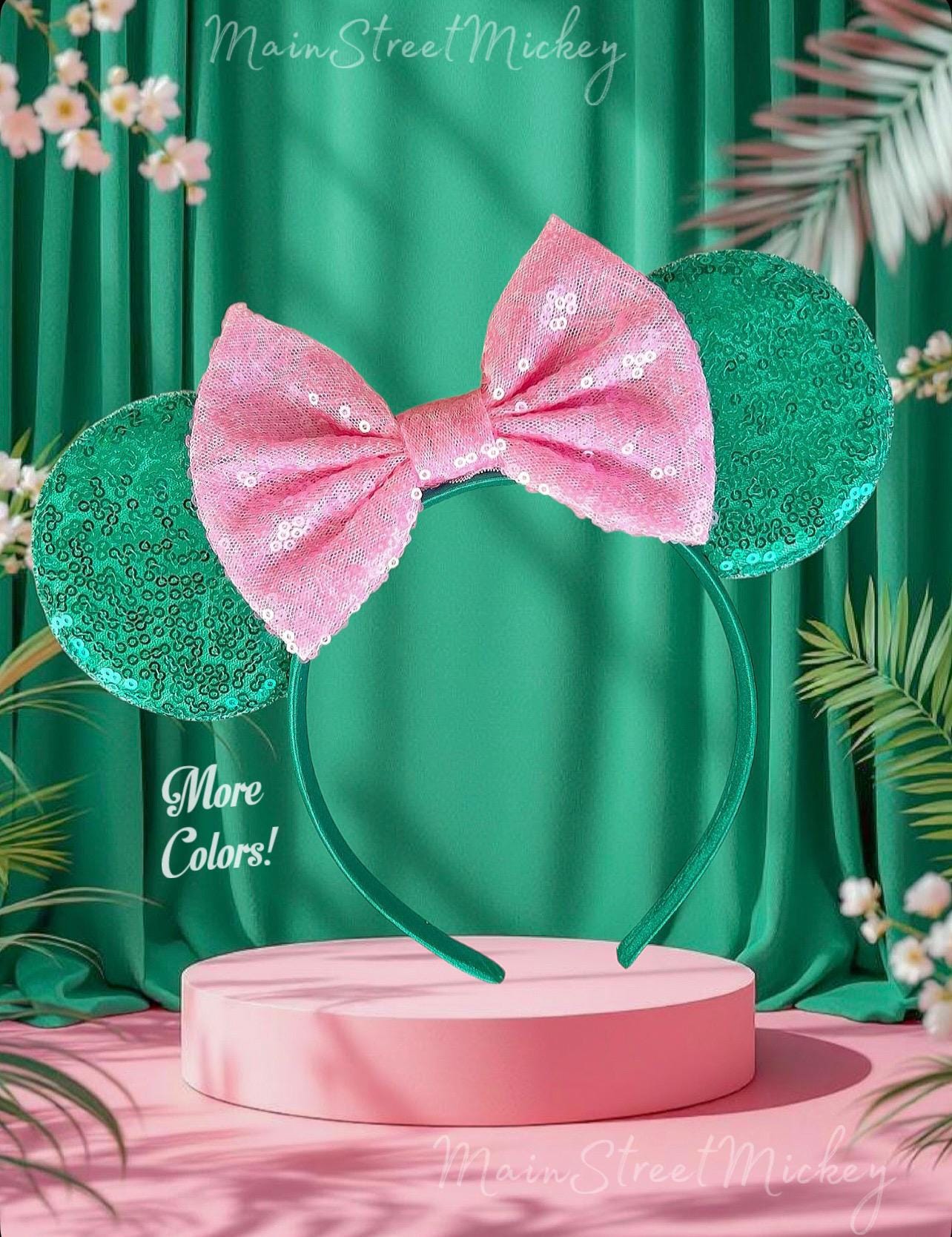 Minnie Mouse Ears All Ages, Disney Ears for Adults and Kids, Choose Ear and Bow Color, Green Minnie Ears, Baby Pink Bow, Mickey Ears