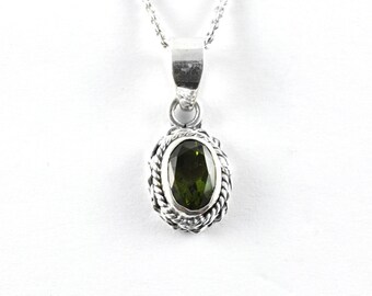 Faceted Moldavite Sterling Silver Necklace - Genuine Czech Gemstone