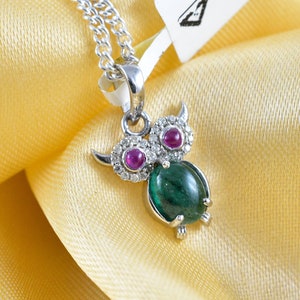 Owl Emerald Necklace, Ruby with Surrounding Diamonds, Silver Pendant, Sterling Silver Pendant