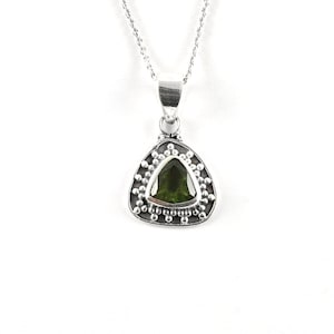 Trillion Cut Faceted Moldavite Pendant, Sterling Silver, Authentic Moldavite, Natural Color, Gemstone Necklace
